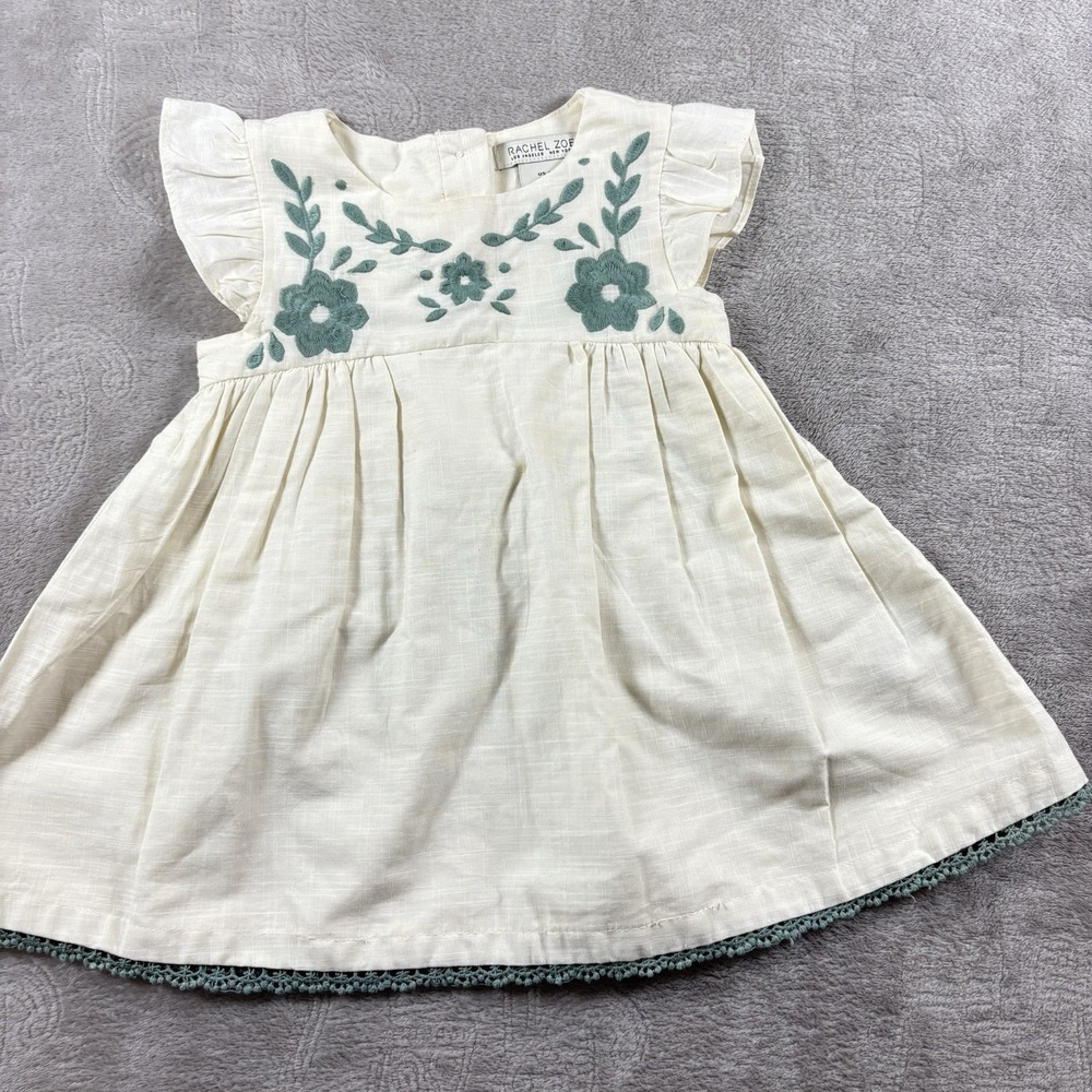 Rachel Zoe‎ White Peasant Dress Blue Embroidery Flowers Ruffle Sleeves 18 Months